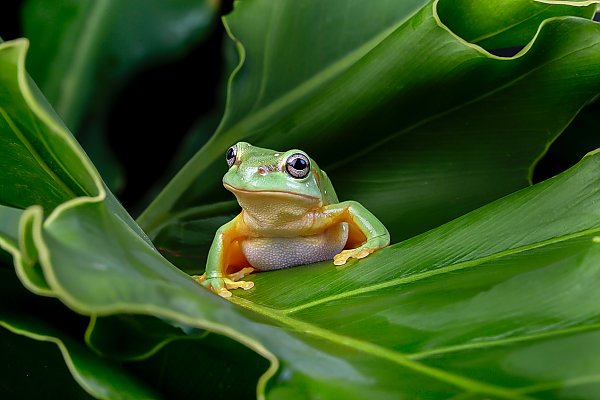 A frog peaking over leaves